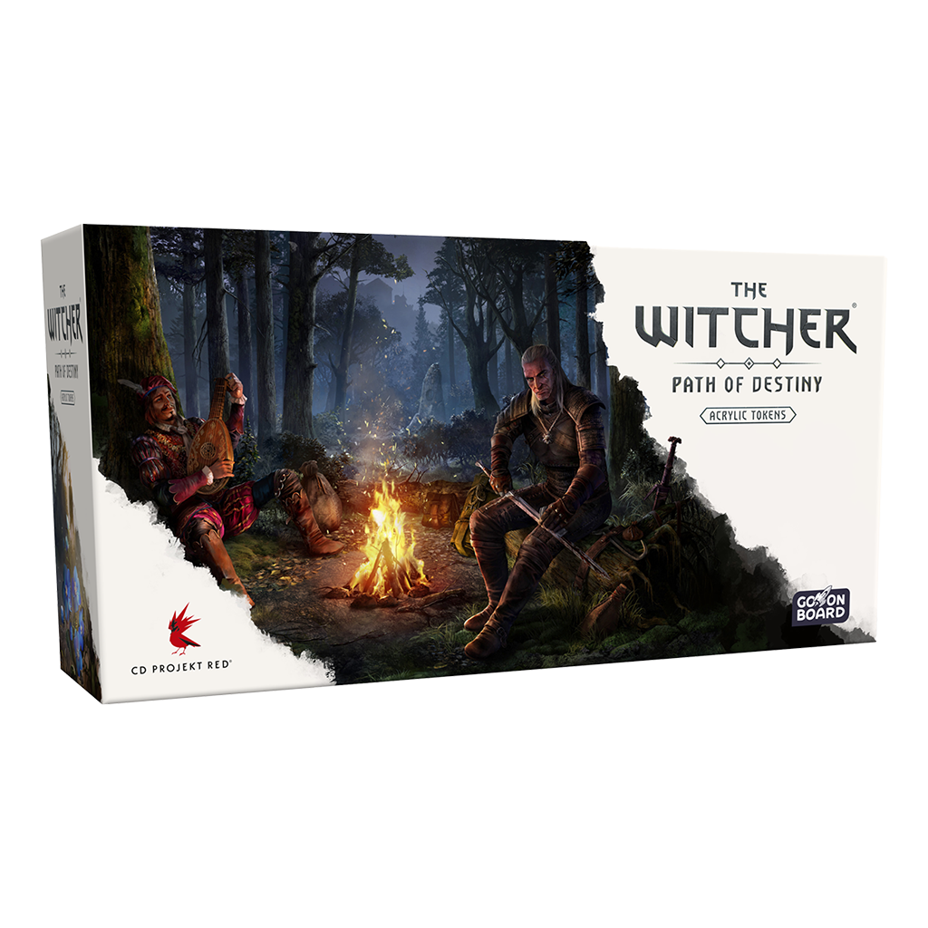 The Witcher: Path of Destiny Acrylic Tokens for Core Game by Go On Board come in a rectangular box featuring characters around a campfire in a dark forest, with the title and logos on a white background—perfect for fans.