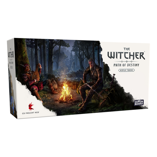 The Witcher: Path of Destiny Acrylic Tokens for Core Game by Go On Board come in a rectangular box featuring characters around a campfire in a dark forest, with the title and logos on a white background—perfect for fans.