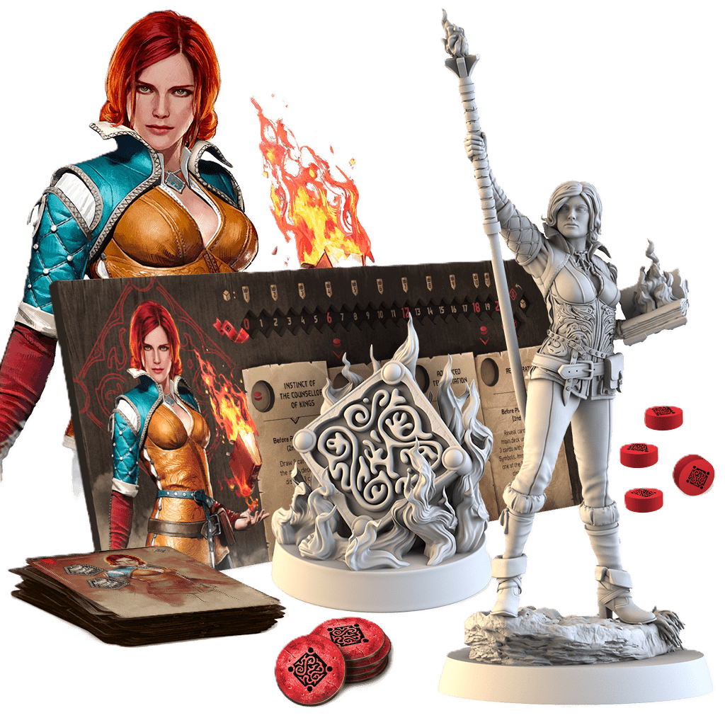 The Witcher: Path of Destiny Triss & A Grain of Truth Expansion by Go On Board includes a detailed female mage figurine, character cards, red tokens, an illustrated card holder, and a burning flame centerpiece.