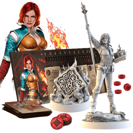 The Witcher: Path of Destiny Triss & A Grain of Truth Expansion by Go On Board includes a detailed female mage figurine, character cards, red tokens, an illustrated card holder, and a burning flame centerpiece.