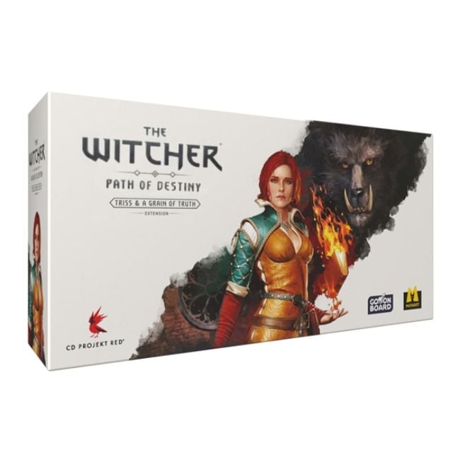 Box for Go On Board's The Witcher: Path of Destiny Triss & A Grain of Truth Expansion, featuring a red-haired armored woman wielding fire, a snarling bear behind her, and the game’s logos and title on a white background.