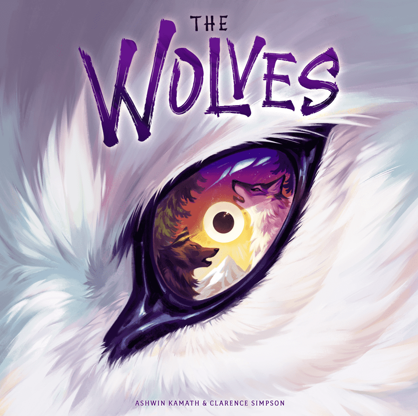 Close-up of a wolf’s eye reflecting two wolves howling in a purple-orange landscape. Above, "THE WOLVES" appears in jagged text for this Pandasaurus Games strategy title. Authors' names are displayed at the bottom.