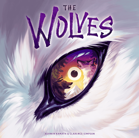 Close-up of a wolf’s eye reflecting two wolves howling in a purple-orange landscape. Above, "THE WOLVES" appears in jagged text for this Pandasaurus Games strategy title. Authors' names are displayed at the bottom.