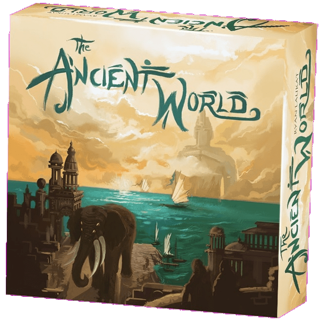 Box art for The Ancient World (Second Edition) by Red Raven Games, depicting a fantasy seascape with ancient buildings, ships, a giant creature by the shore, and a mystical city in the mist as players get ready to battle titans.