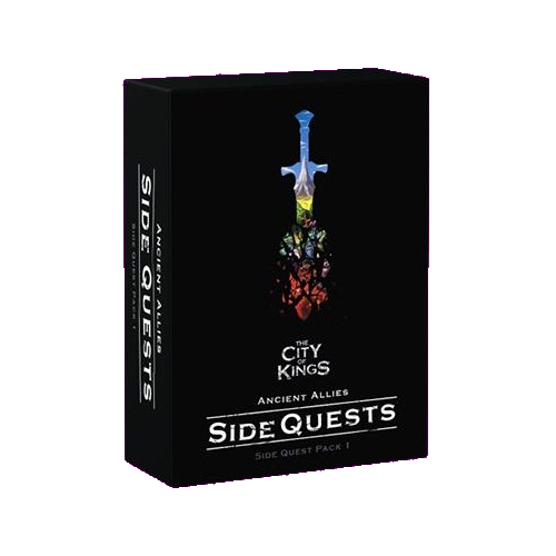 A black game box titled "The City of Kings Ancient Allies Side Quest Pack 1" by The City of Games features a sword with a vibrant blade, highlighting new side quests. "Side Quest Pack 1" appears at the bottom.