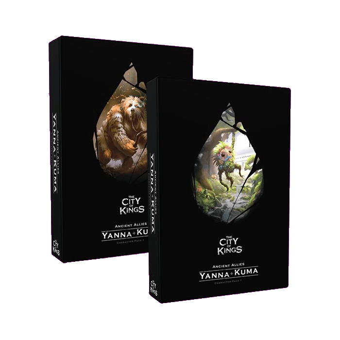 Two boxed The City of Games’ The City of Kings Character Pack 1 Yanna and Kuma expansion packs are shown, each with fantasy artwork depicting skilled animal-like heroes in vibrant natural settings on the front covers.