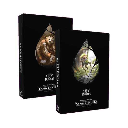 Two boxed The City of Games’ The City of Kings Character Pack 1 Yanna and Kuma expansion packs are shown, each with fantasy artwork depicting skilled animal-like heroes in vibrant natural settings on the front covers.