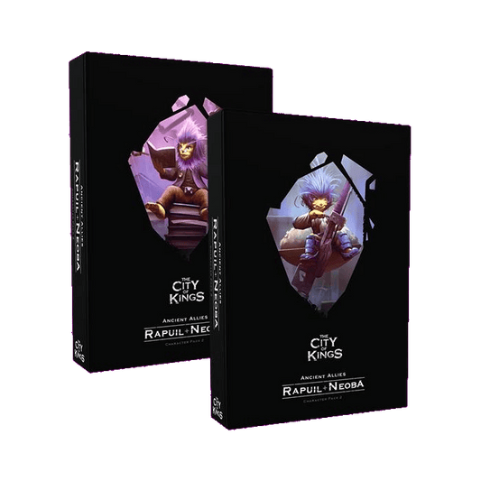 Two black boxes of The City of Kings Character Pack 2 Rapuil and Neoba by The City of Games are shown, featuring fantasy art and adding advanced skills and new adventures to your City of Kings or Tinkers expansion gameplay.
