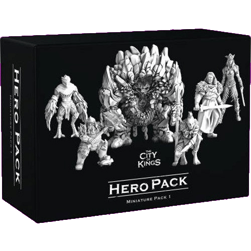 A black box from The City of Games containing white miniatures from The City of Kings Hero Pack.