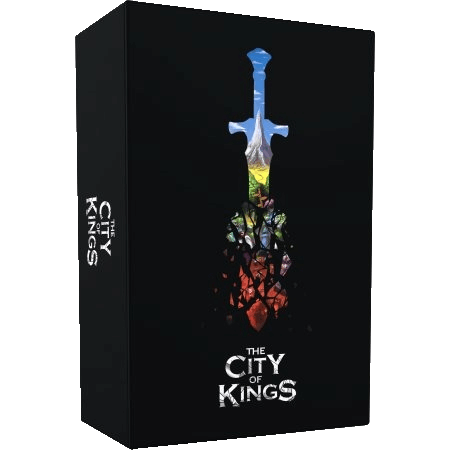 A black game box for The City of Kings by The City of Games, a cooperative board game, features a sword with a colorful faceted blade emerging from dark shards and the title in bold white letters below.