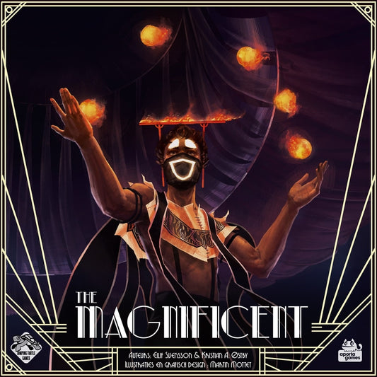 A masked performer juggles fiery balls on stage, arms raised in a captivating scene—a nod to dobbelspel. Art Deco borders frame the image with "The Magnificent NL" below in bold font. From Jumping Turtle Games.