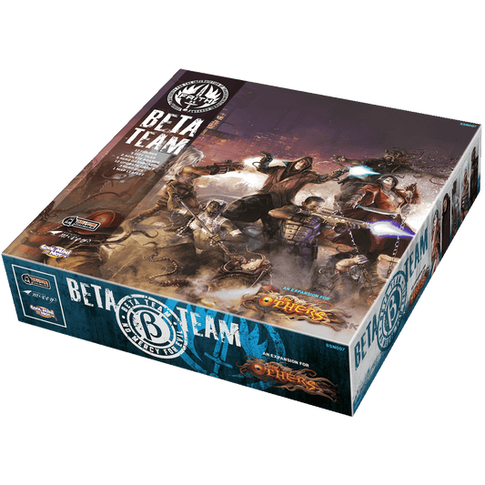 The Others: 7 Sins Beta Team Expansion by Cool Mini Or Not comes in a blue and brown box with bold white text, featuring dynamic art of armed heroes fighting monsters in a chaotic city scene.
