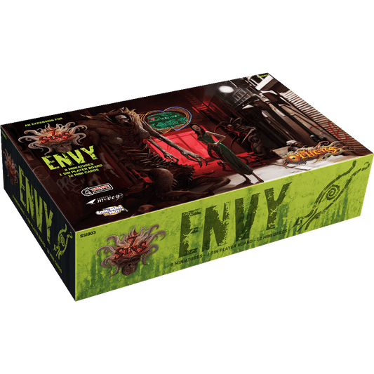 The Others: 7 Sins – Envy Expansion by Cool Mini Or Not features a green and black box with art of a woman confronting a monster in an urban alley. Inspired by the 7 Deadly Sins, this horror board game includes miniatures and dice.