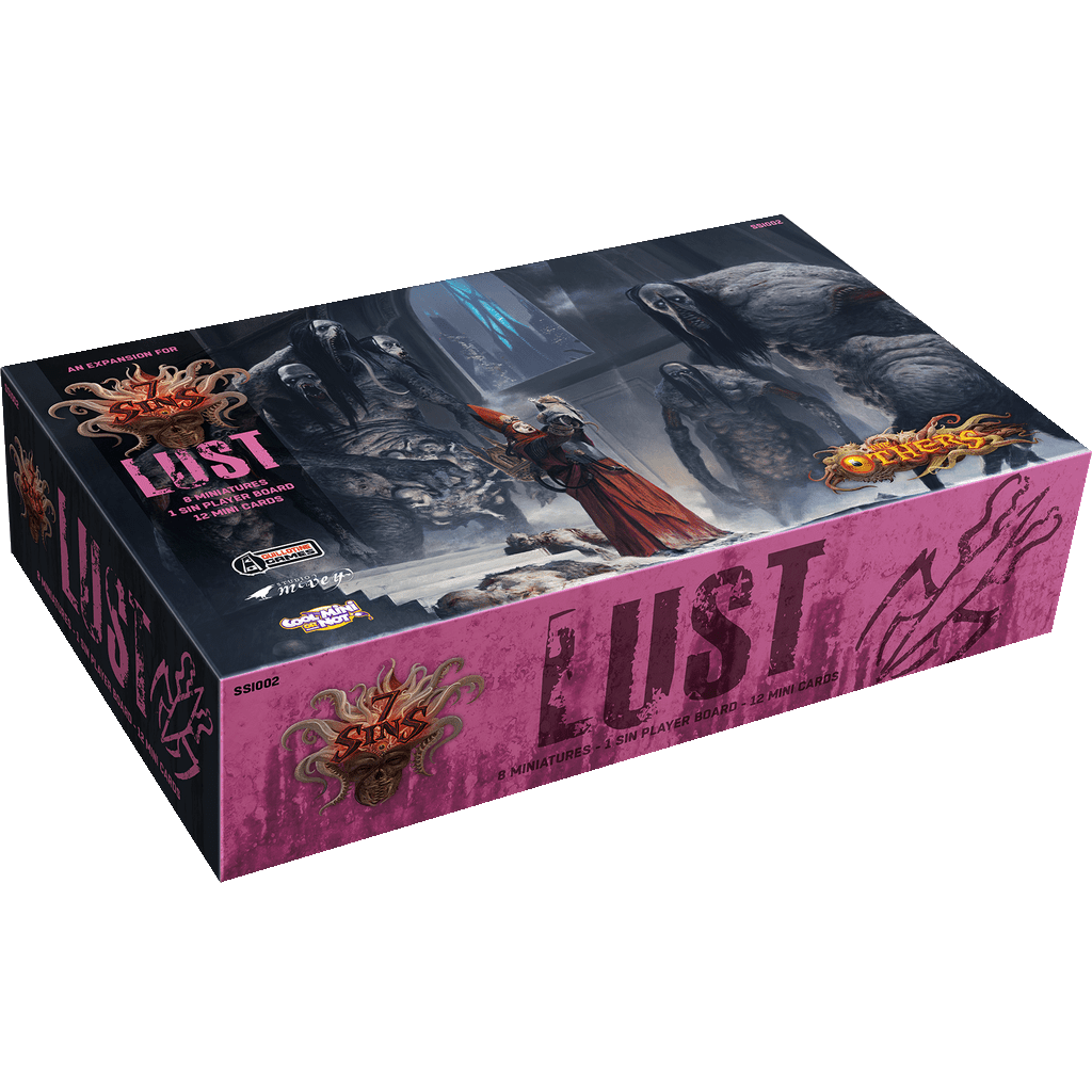 The Others: 7 Sins – Lust Expansion by Cool Mini Or Not features dark, fantasy artwork of a robed figure and monsters. The purple-and-black box evokes a chilling horror atmosphere perfect for expanding your board game experience.