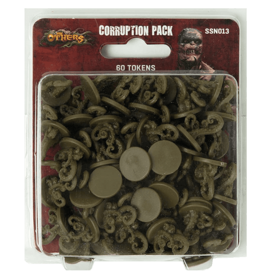 The Others: Corruption Pack Expansion by Cool Mini Or Not includes 60 greenish-brown tokens with tentacle designs, ideal for the 7 Deadly Sins horror board game. The package features dark art and a character illustration.