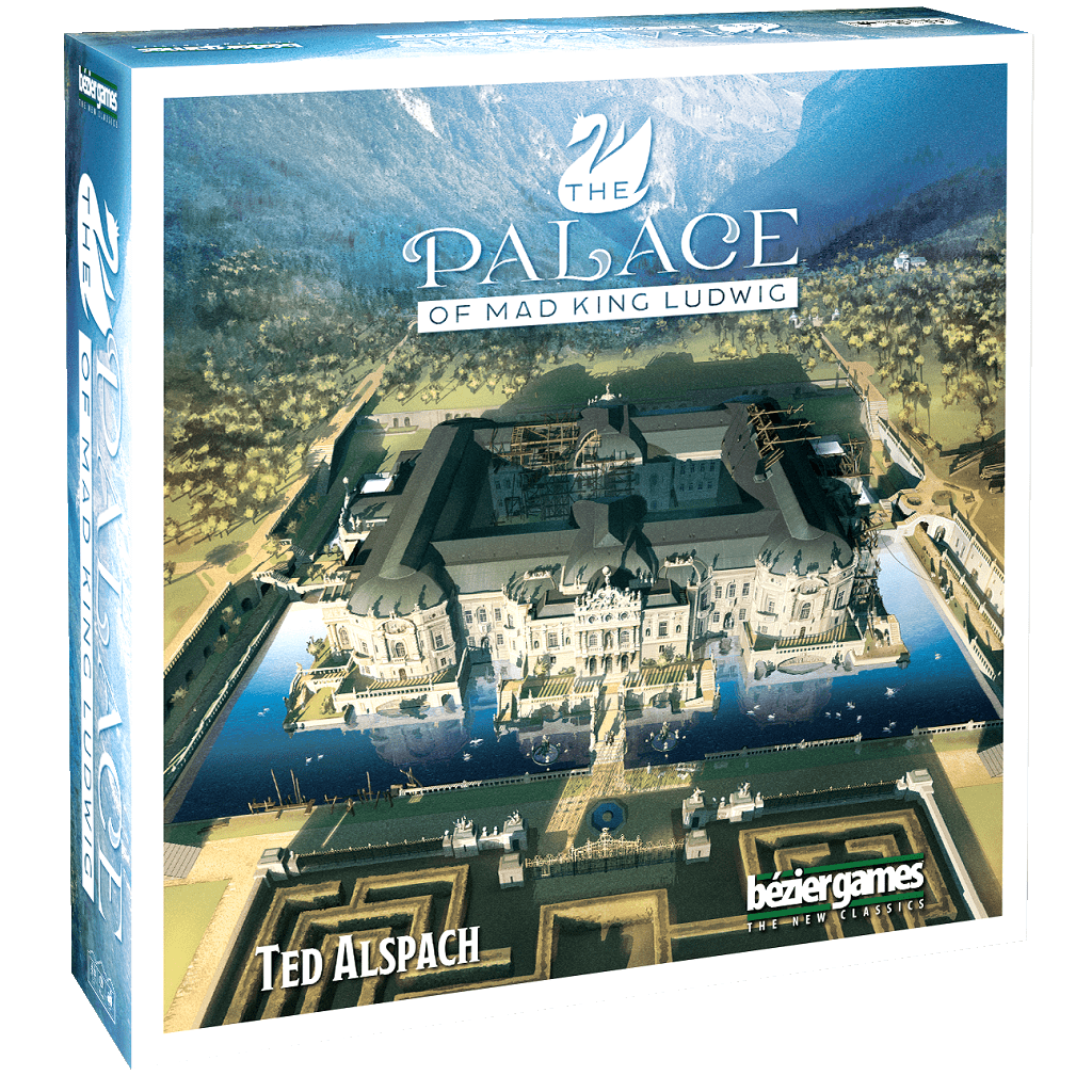 Box cover of The Palace of Mad King Ludwig by Bezier Games, depicting an ornate palace encircled by water and mountains, with the title and Ted Alspach’s name prominently shown.