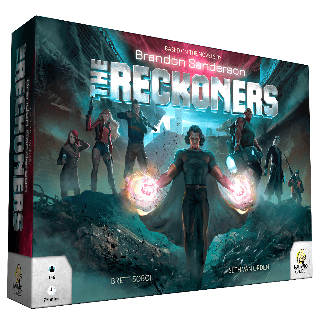 The Reckoners board game box by Nauvoo Games features six characters in action poses before a glowing cityscape, with the title and Brandon Sanderson’s name prominently displayed at the top.
