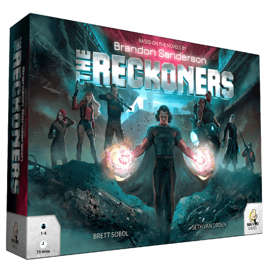 The Reckoners board game box by Nauvoo Games features six characters in action poses before a glowing cityscape, with the title and Brandon Sanderson’s name prominently displayed at the top.