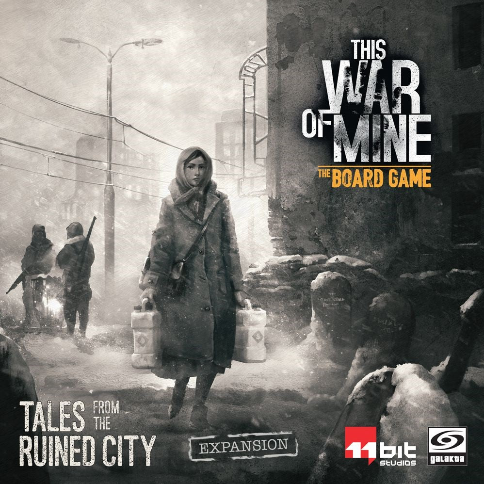 Bundled in winter clothing, a figure carries water containers through a snowy, war-torn city—illustrating the struggle for survival in Galakta’s This War of Mine: Tales from the Ruined City Expansion.