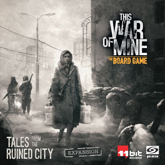 Bundled in winter clothing, a figure carries water containers through a snowy, war-torn city—illustrating the struggle for survival in Galakta’s This War of Mine: Tales from the Ruined City Expansion.