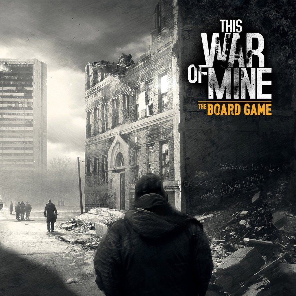 A person in a hooded jacket stands before a ruined building in a desolate city. Bold white and yellow text displays "This War Of Mine: The Board Game" by Galakta, emphasizing this gripping tabletop adaptation.