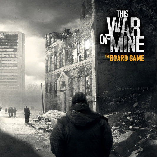 A person in a hooded jacket stands before a ruined building in a desolate city. Bold white and yellow text displays "This War Of Mine: The Board Game" by Galakta, emphasizing this gripping tabletop adaptation.