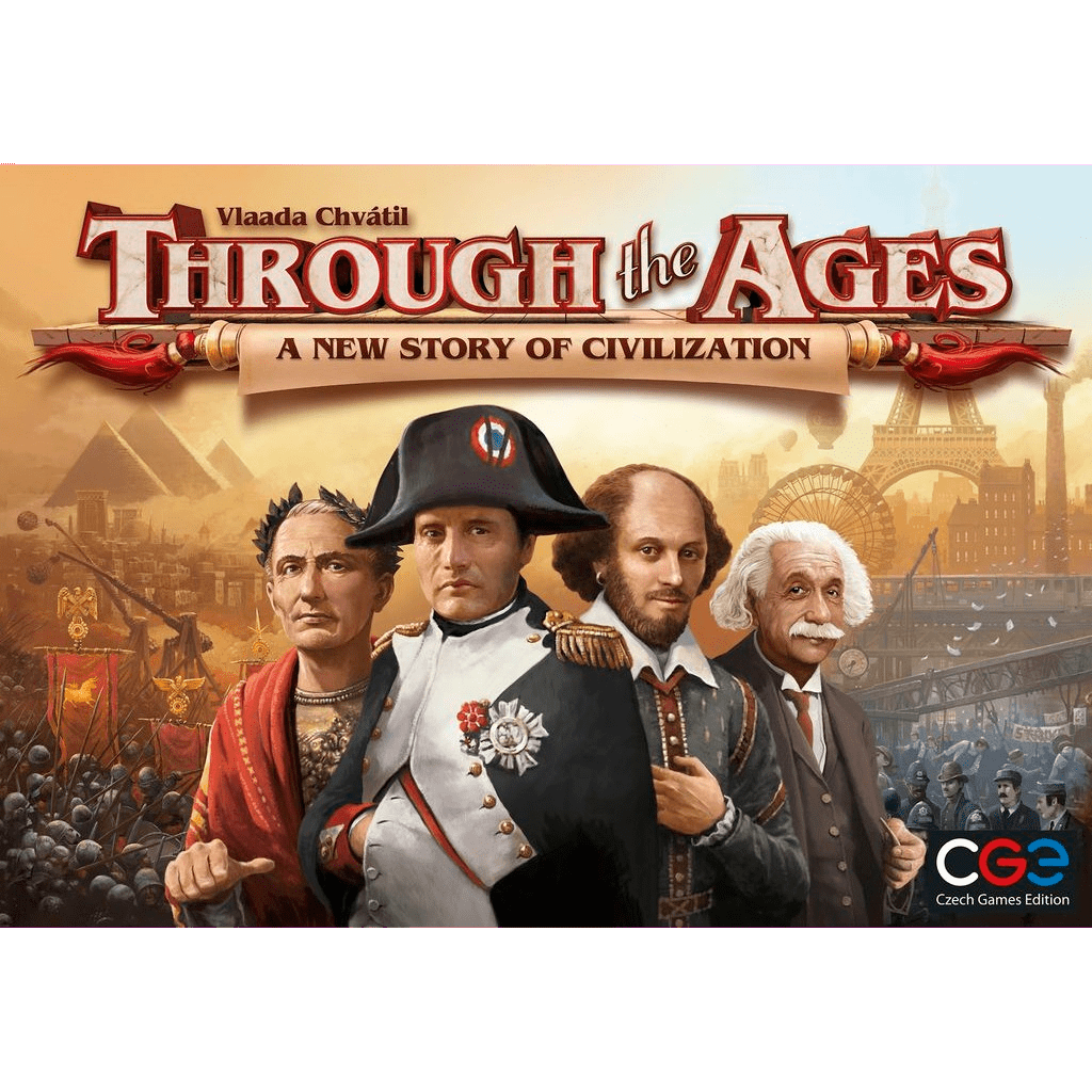 The box cover of Through the Ages: A New Story of Civilization by Czech Games Edition (CGE) shows illustrated icons like Napoleon, Shakespeare, and Einstein with a cityscape and crowd in the background.