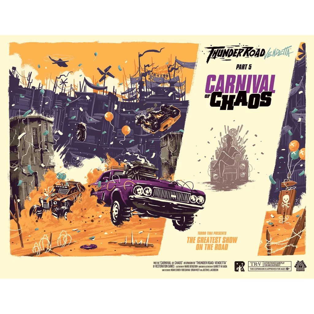 The illustrated poster for Thunder Road: Vendetta Carnival of Chaos Expansion by Restoration Games features a chaotic wasteland with crashing cars, balloons, and barricades, showcasing the wild energy of this action-packed board game expansion.