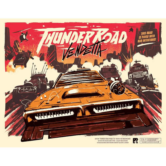 The poster for Thunder Road: Vendetta by Restoration Games features a fierce orange muscle car leading rugged vehicles on a dusty road, helicopters above, and a sign reading "This road is paved with bad intentions!.