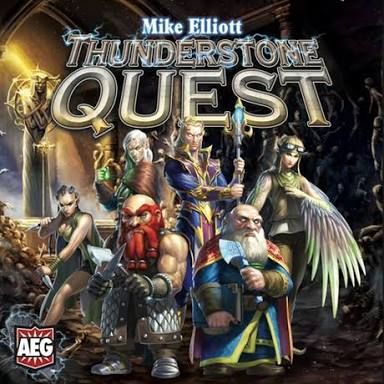 Five fantasy heroes prepare for adventure on the cover of Thunderstone Quest by Alderac Entertainment Group, with a shadowy dungeon entrance and looming tiles hinting at the challenges in this deck-building game.