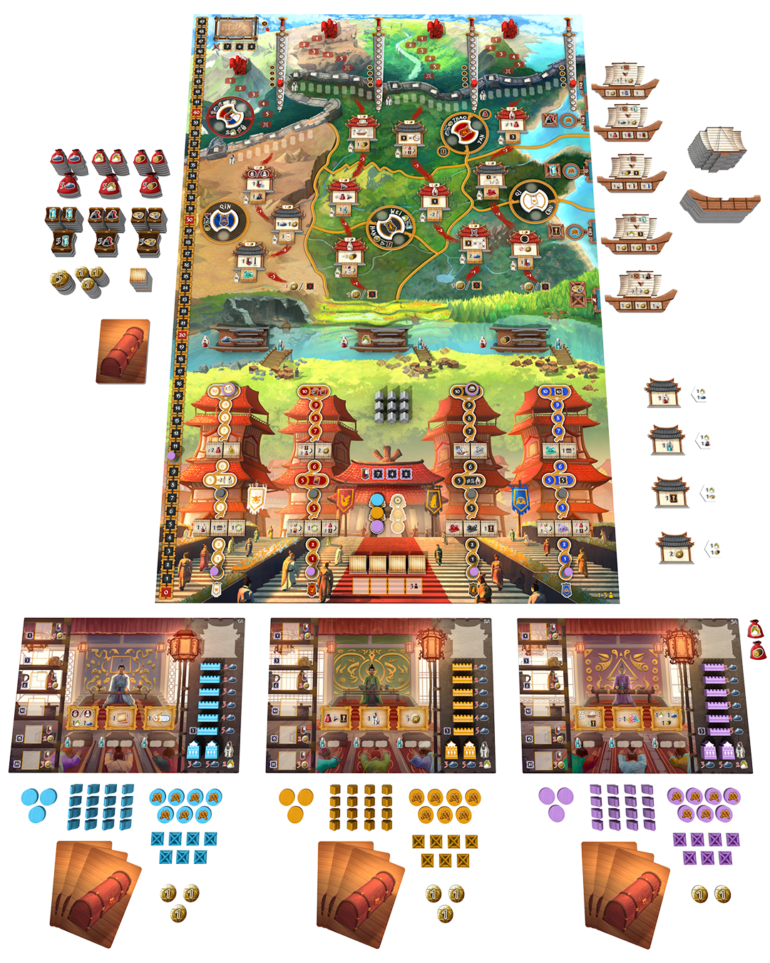 Tianxia by Board & Dice is a colorful strategy board game for up to four players, inspired by the Warring States period, featuring an illustrated central board, player mats, wooden pieces, tokens, and unique resources for each player.