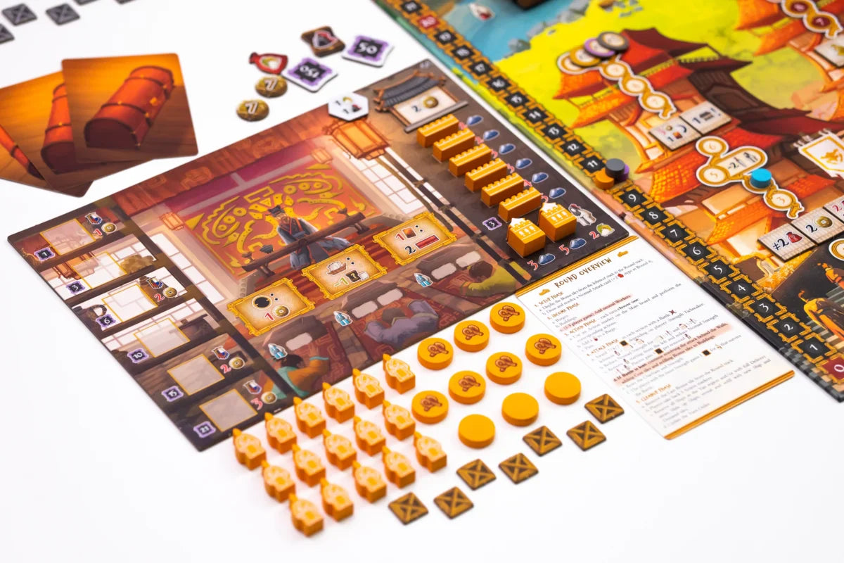 Tianxia by Board & Dice is a vibrant strategy board game set in the Warring States period, featuring illustrated boards, cards, tokens, and orange wooden pieces with detailed Asian-inspired artwork.