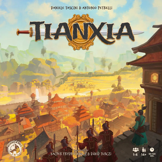 Board game cover for Tianxia by Board & Dice, a strategy game set in the Warring States era, featuring an ancient Chinese city with ornate rooftops, soldiers on the Great Wall, mountains, and a golden sky. Game details appear at the bottom.