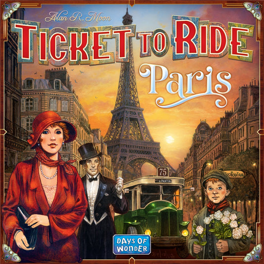 The Ticket To Ride: Paris board game by Days of Wonder features a cover with a woman in red, a man in a tuxedo, a boy with flowers, and a vintage car before the Eiffel Tower at sunset—a charming peek at this Paris-themed game.