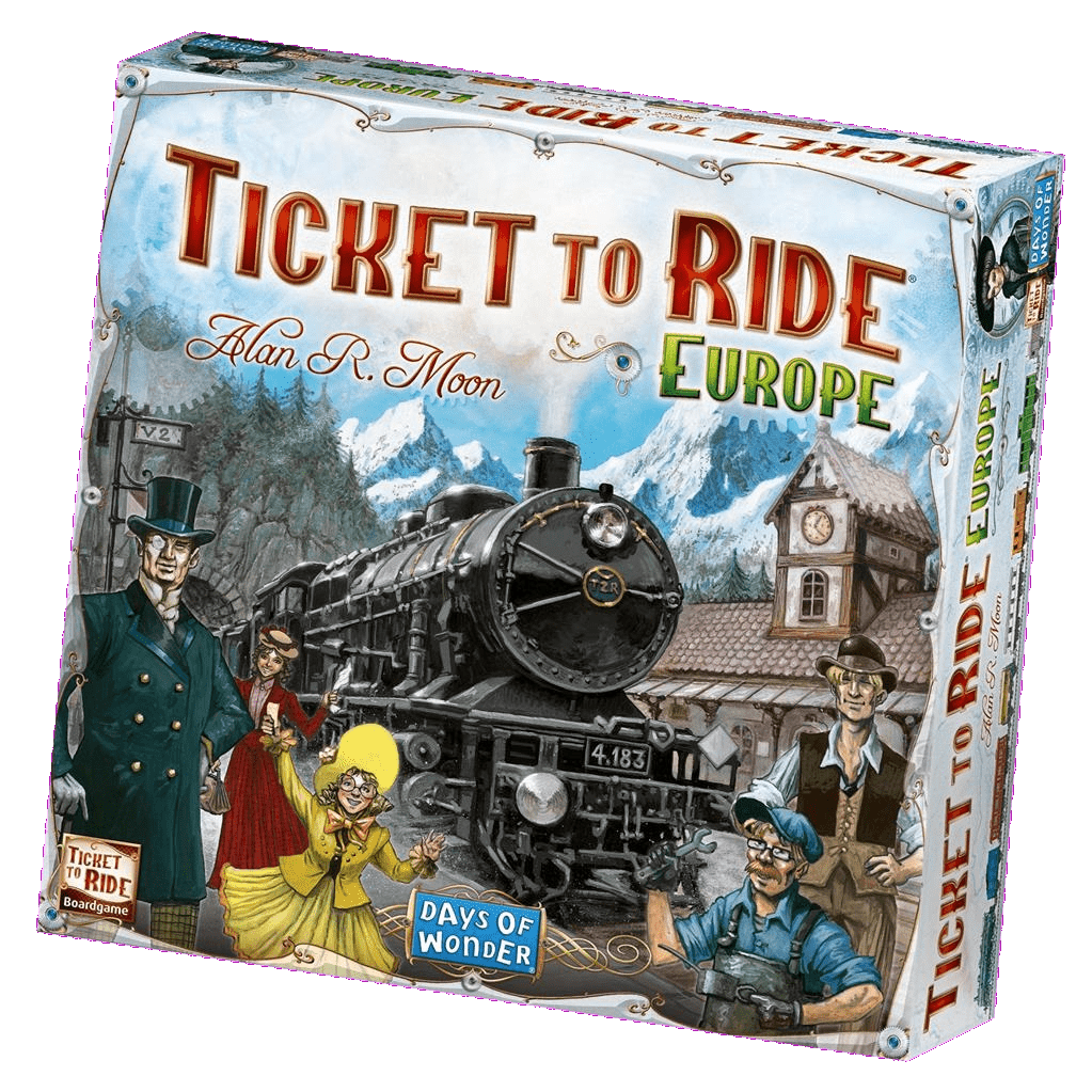 The image shows the box cover of Ticket to Ride: Europe by Days of Wonder, featuring a steam train, snowy mountains, a clock tower, and characters in early 20th-century European attire.