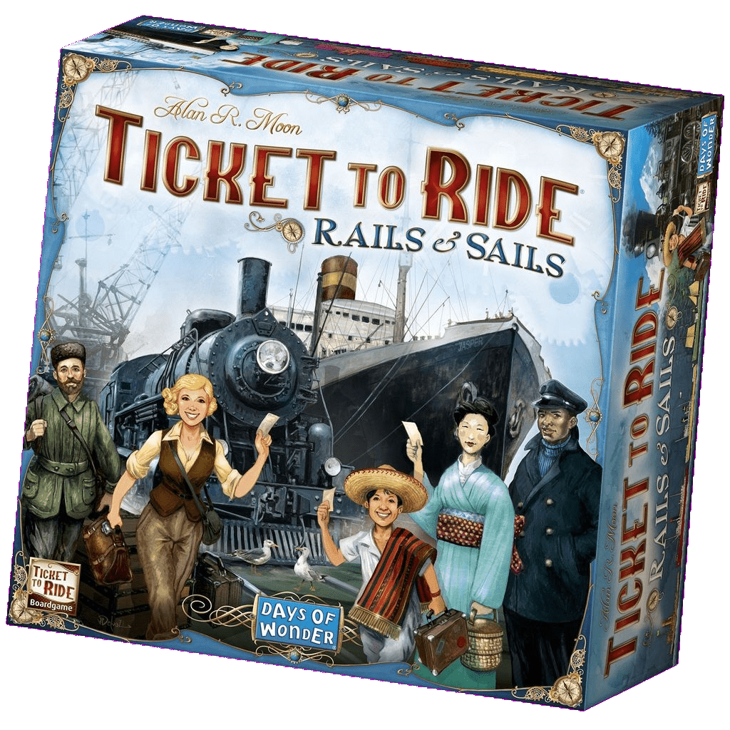 The Ticket to Ride Rails & Sails box by Days of Wonder features a steam train, ship, five people in period clothing—including a smiling woman with a ticket—plus the game’s title and vibrant train and ship tokens.