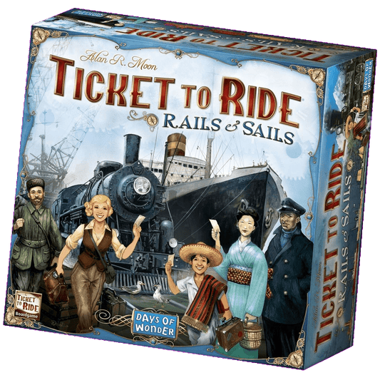 The Ticket to Ride Rails & Sails box by Days of Wonder features a steam train, ship, five people in period clothing—including a smiling woman with a ticket—plus the game’s title and vibrant train and ship tokens.