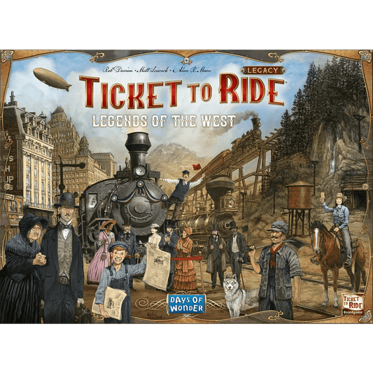 The Days of Wonder Ticket to Ride Legacy: Legends of the West box cover shows a steam train, diverse characters in period attire, a dog, a horse, and a Western landscape with bridges and mountains.