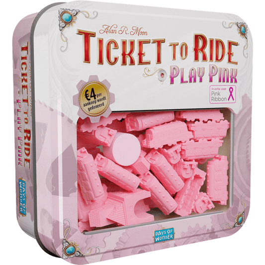 The Ticket to Ride: Play Pink metal tin box by Days of Wonder contains a roze treinset of pink plastic trains, features the game title, stylish pink accents, and highlights that proceeds support Pink Ribbon.