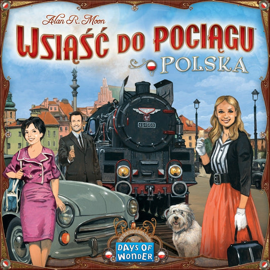 The cover of Ticket to Ride: Poland (Wsiąść do Pociągu: Polska) by Days of Wonder features three smiling people, a dog, a vintage car, and a steam train set against iconic Polish landmarks.