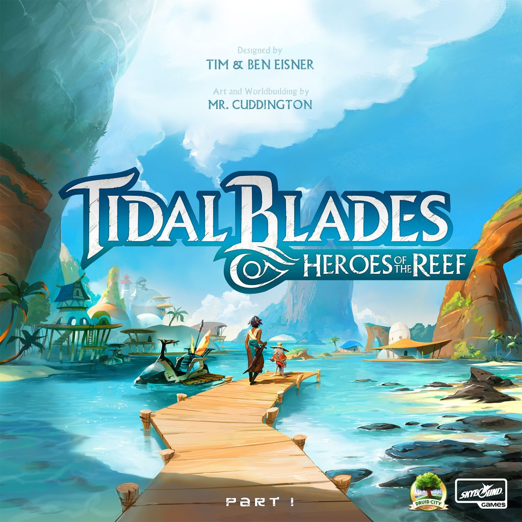 Three heroes cross a wooden pier toward a luminous island city amid turquoise waters and cliffs, eager to face the arena challenges in Skybound Games' Tidal Blades: Heroes of the Reef.