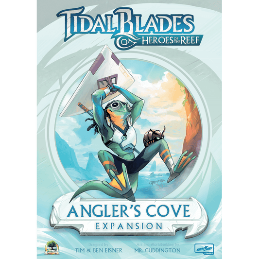 A stylized frog-like humanoid wields a staff, leaping against a circle. Text reads "Tidal Blades: Heroes of the Reef Angler's Cove Expansion" by Skybound Games—a thrilling board game expansion.