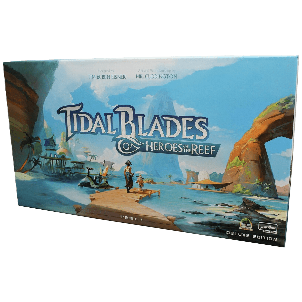 Box cover of Skybound Games’ Tidal Blades: Heroes of the Reef (Deluxe Edition), depicting a coastal fantasy scene with characters on a wooden pier, buildings over water, and distant cliffs.