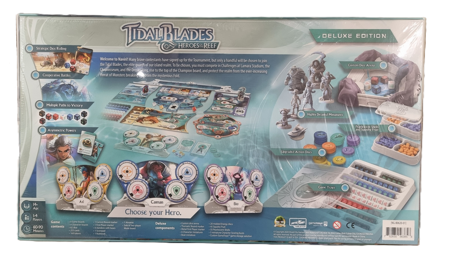 The back of the Skybound Games Tidal Blades: Heroes of the Reef (Deluxe Edition) box showcases components, setup, character tokens, resource trays, dice, and the board, with callouts highlighting unique Deluxe Edition features and contents.