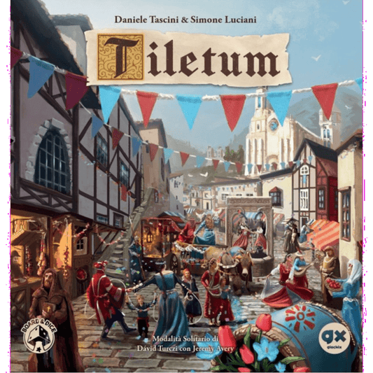 The cover of Tiletum by Board & Dice depicts a bustling medieval town square filled with townsfolk, market stalls, and vibrant banners. The title "Tiletum" appears at the top on a parchment-style banner.