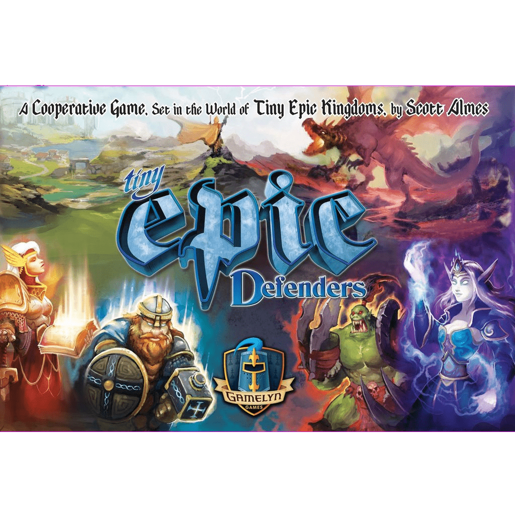 The image displays the vibrant box art for Tiny Epic Defenders (Second Edition) by Gamelyn, a cooperative board game featuring fantasy heroes and creatures—a knight, mage, elf, and dragon—set against a colorful landscape, with the title clearly shown.