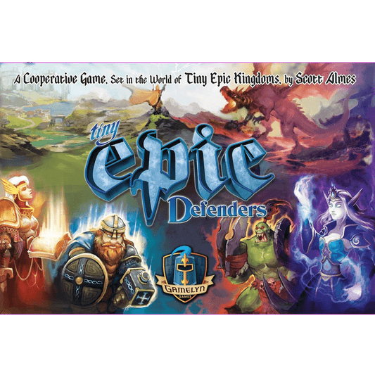 The image displays the vibrant box art for Tiny Epic Defenders (Second Edition) by Gamelyn, a cooperative board game featuring fantasy heroes and creatures—a knight, mage, elf, and dragon—set against a colorful landscape, with the title clearly shown.