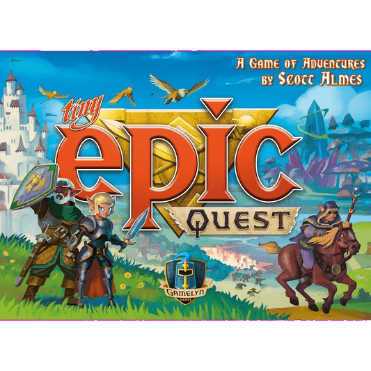 The Gamelyn Tiny Epic Quest board game features a vibrant cover with two armored elf heroes, a mounted warrior, and a sandbox adventure world filled with castles, forests, and flying creatures.