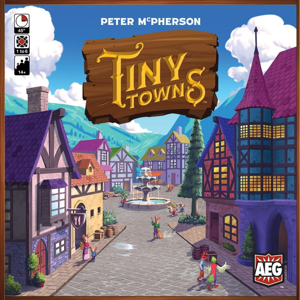 A colorful illustration shows a lively village with timber-frame houses, a central fountain, and animals in clothes. “Tiny Towns” by Alderac Entertainment Group is featured on a wooden sign, highlighting this charming strategy game.