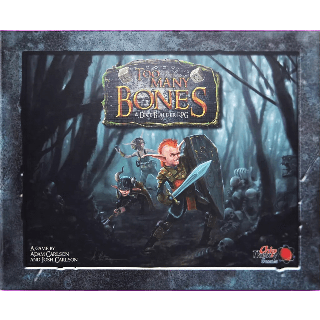 The cover art of Chip Theory Games’ Too Many Bones features fantasy heroes with weapons in a misty forest, the game title displayed above and creators' names at the lower left of this cooperative dice-builder RPG.
